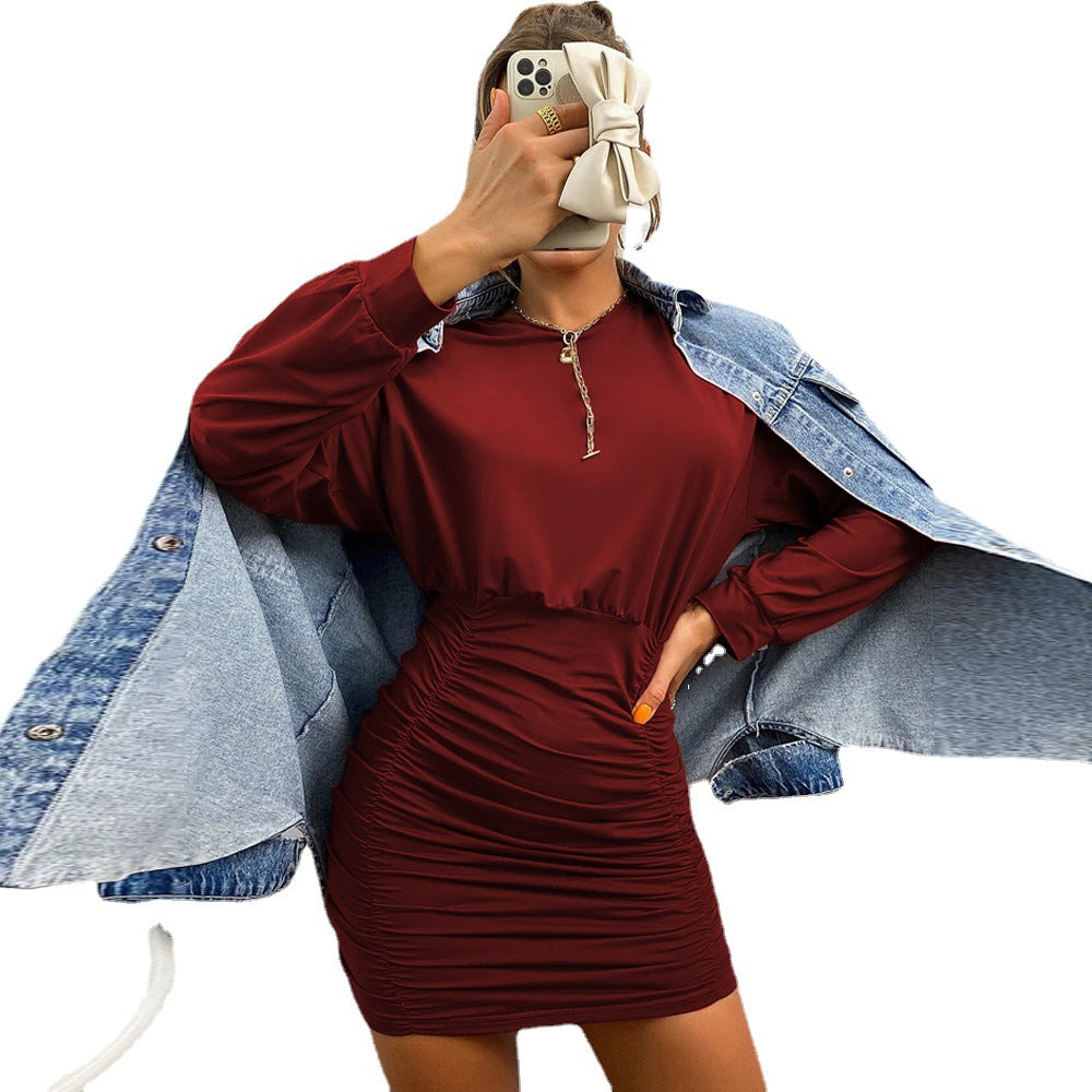 Damen gesmoktes Mini-Kleid mit überschnittener Langarm-Sweatoberteil und taillierter Raffung Drune