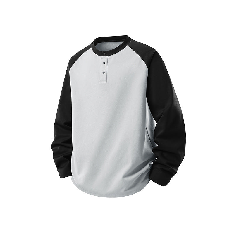 Herren Langarm-Henley-Sweatshirt mit Raglanärmeln, Relaxed-Fit und Knopfleiste Drune