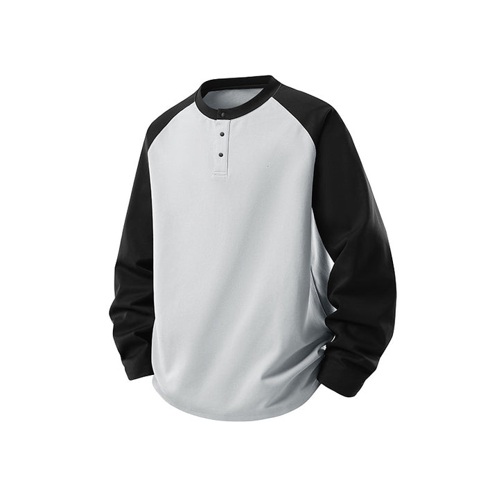 Herren Langarm-Henley-Sweatshirt mit Raglanärmeln, Relaxed-Fit und Knopfleiste Drune