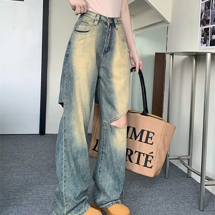 Damen Weite Denim-Hose mit asymmetrischen Knöpfen Drune