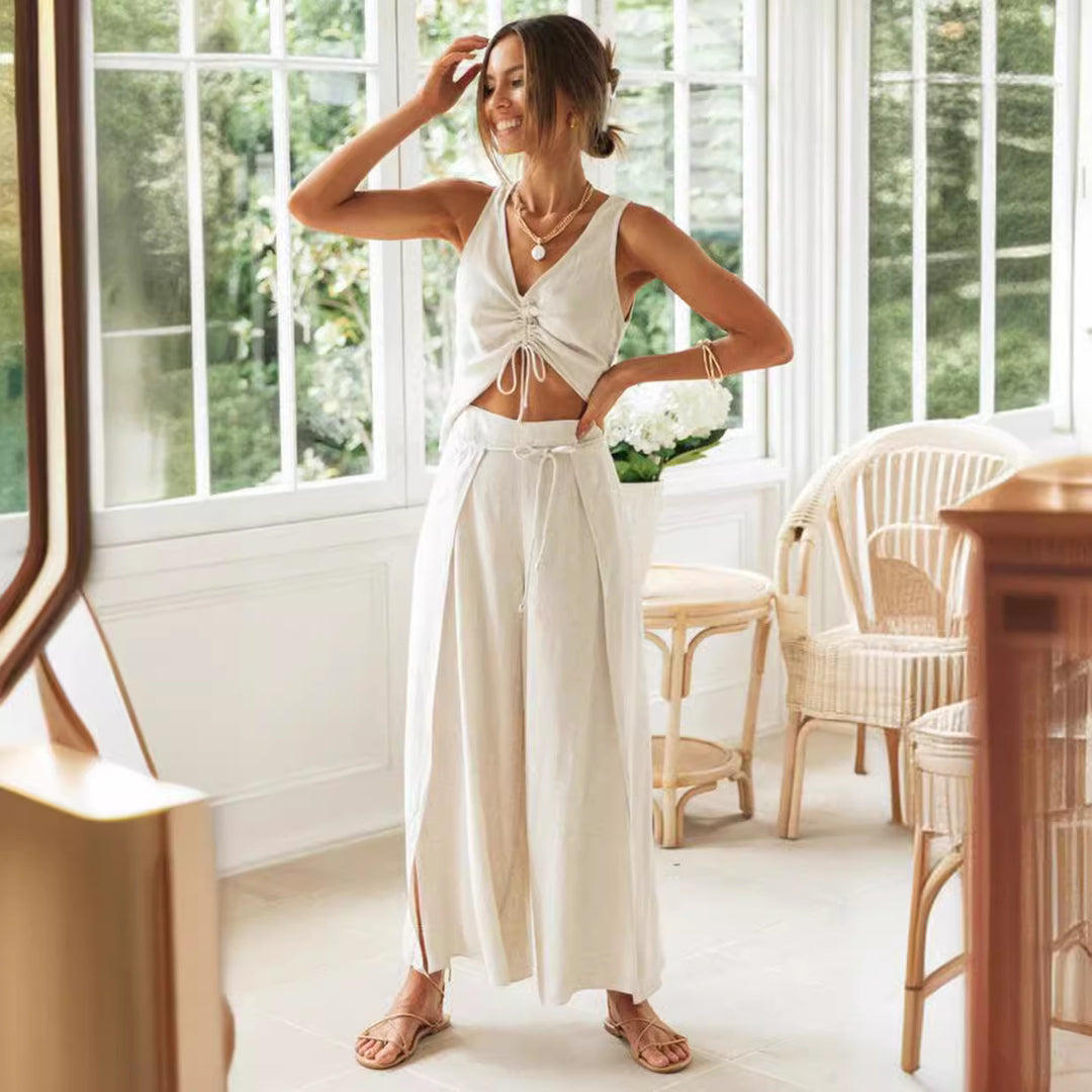 Damen Zweiteiliges Set mit Cropped Top und weiten Hosen Drune