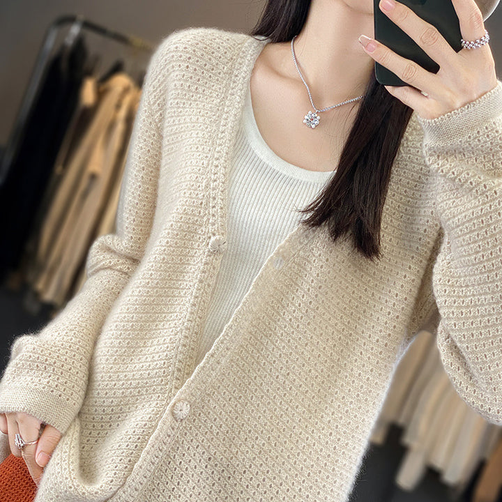 Damen Offener Ajour-Strickcardigan mit dezentem Flauschfinish und kastiger Oversize-Silhouette Drune