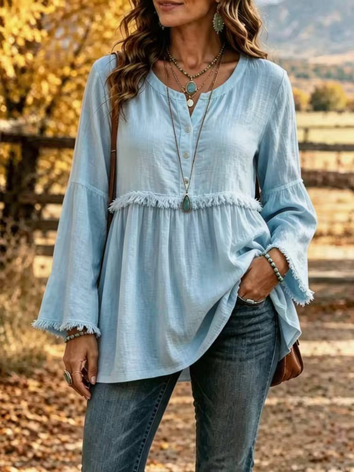 Damen Fransen-Tunika-Bluse mit V-Ausschnitt und Glockenärmeln Drune