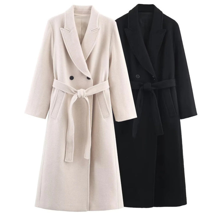 Damen 40+ eleganter knielanger Mantel mit Bindegürtel und doppelreihiger Knopfleiste Drune