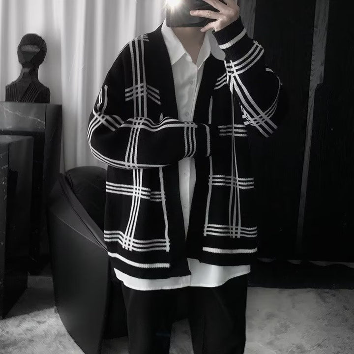 Herren Oversized Strickcardigan mit Karomuster und offener Front Drune