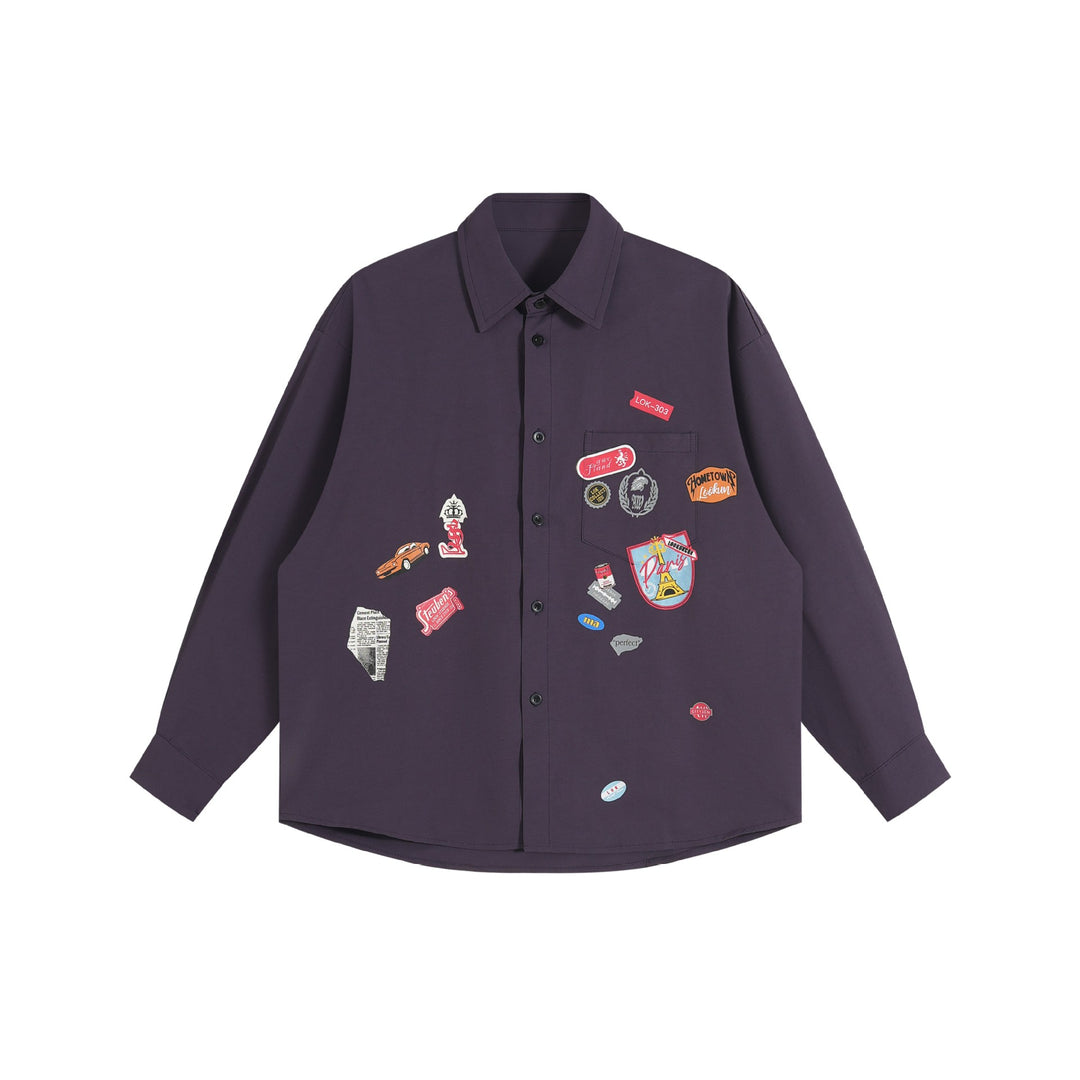 Unisex Lockeres Button-Down-Hemd mit vintage-inspirierten Emblem-Patches und Brusttasche Drune