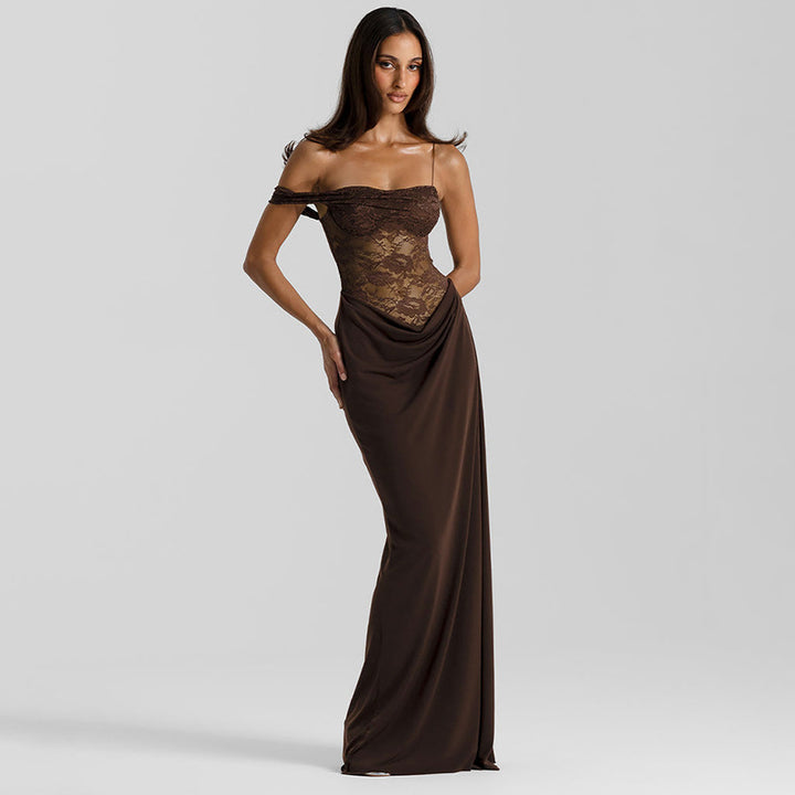 Damen Off-Shoulder Abendkleid mit raffinierten Spitzen-Applikationen und fließendem Material Drune