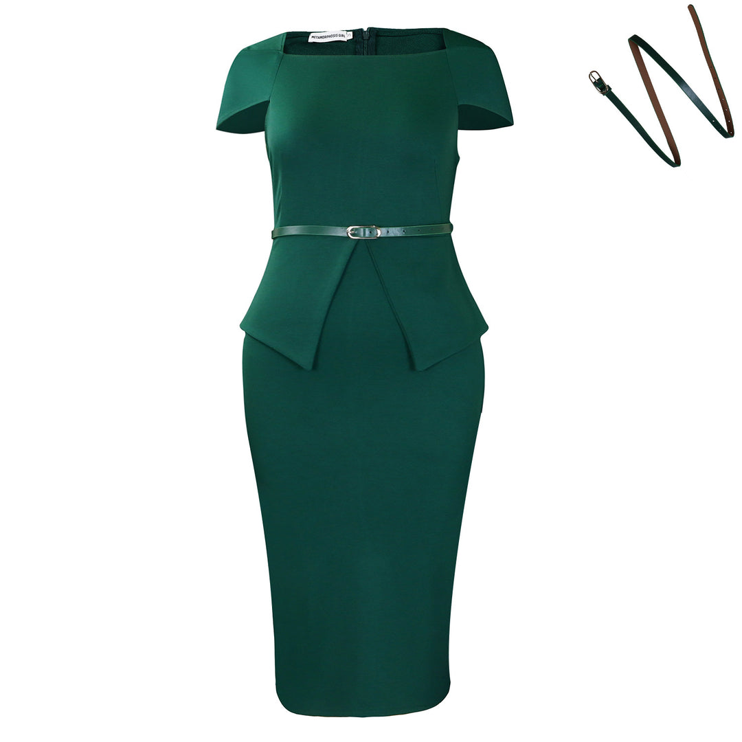 Damen figurbetontes Cocktailkleid mit schickem Peplum-Design und elegantem Gürtel Drune