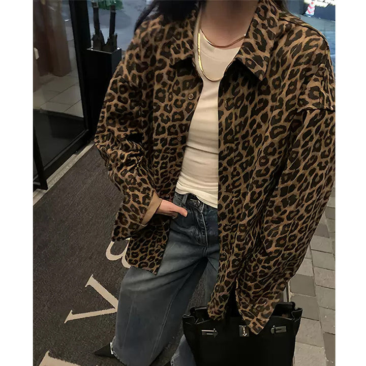 Damen Oversized Hemdjacke im modischen Leopardenmuster Drune