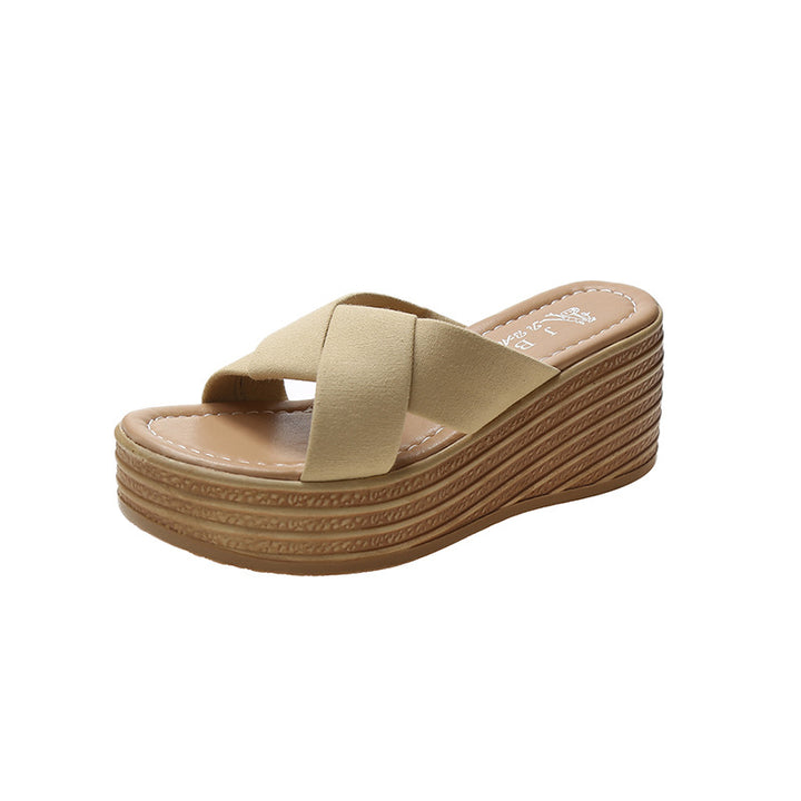 Damen Wedge-Pantoletten mit elegantem überkreuztem Riemendesign und komfortablem Hochplateau Drune