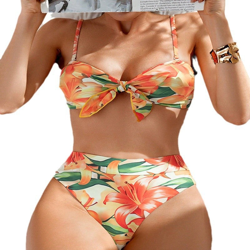 Damen Bikini-Set mit floralem Knotendesign und hohem Schnitt Drune