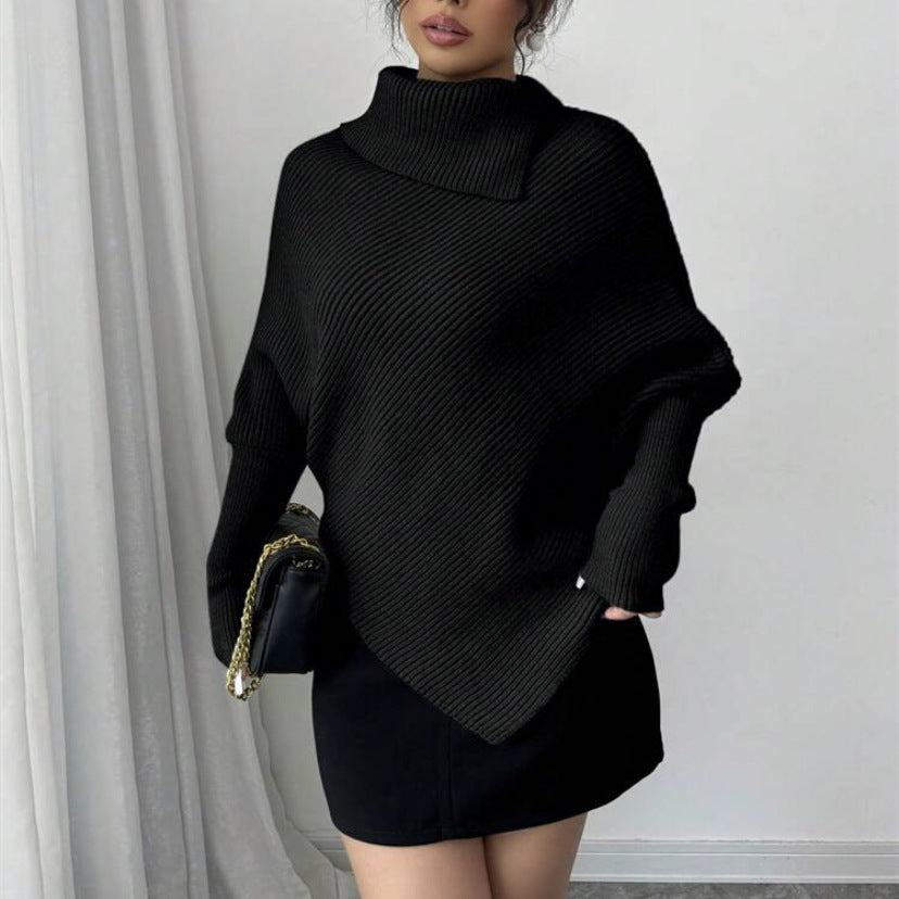 Damen Asymmetrischer Rippenstrick-Poncho mit hohem Rollkragen und verlängerten Ärmeln Drune