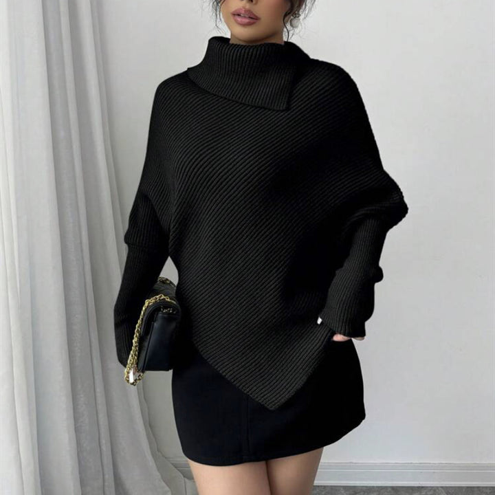 Damen Asymmetrischer Rippenstrick-Poncho mit hohem Rollkragen und verlängerten Ärmeln Drune