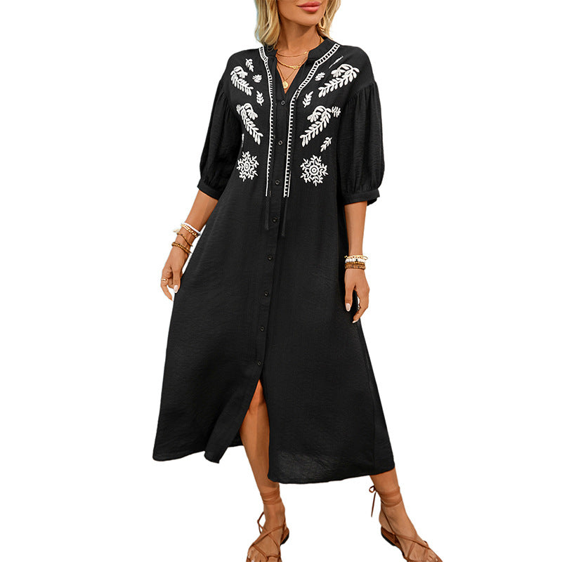 Damen Besticktes Hemdblusenkleid A‑Linie mit Knopfleiste und 3/4‑Ballonärmeln Drune