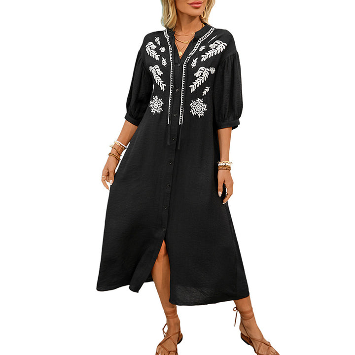 Damen Besticktes Hemdblusenkleid A‑Linie mit Knopfleiste und 3/4‑Ballonärmeln Drune