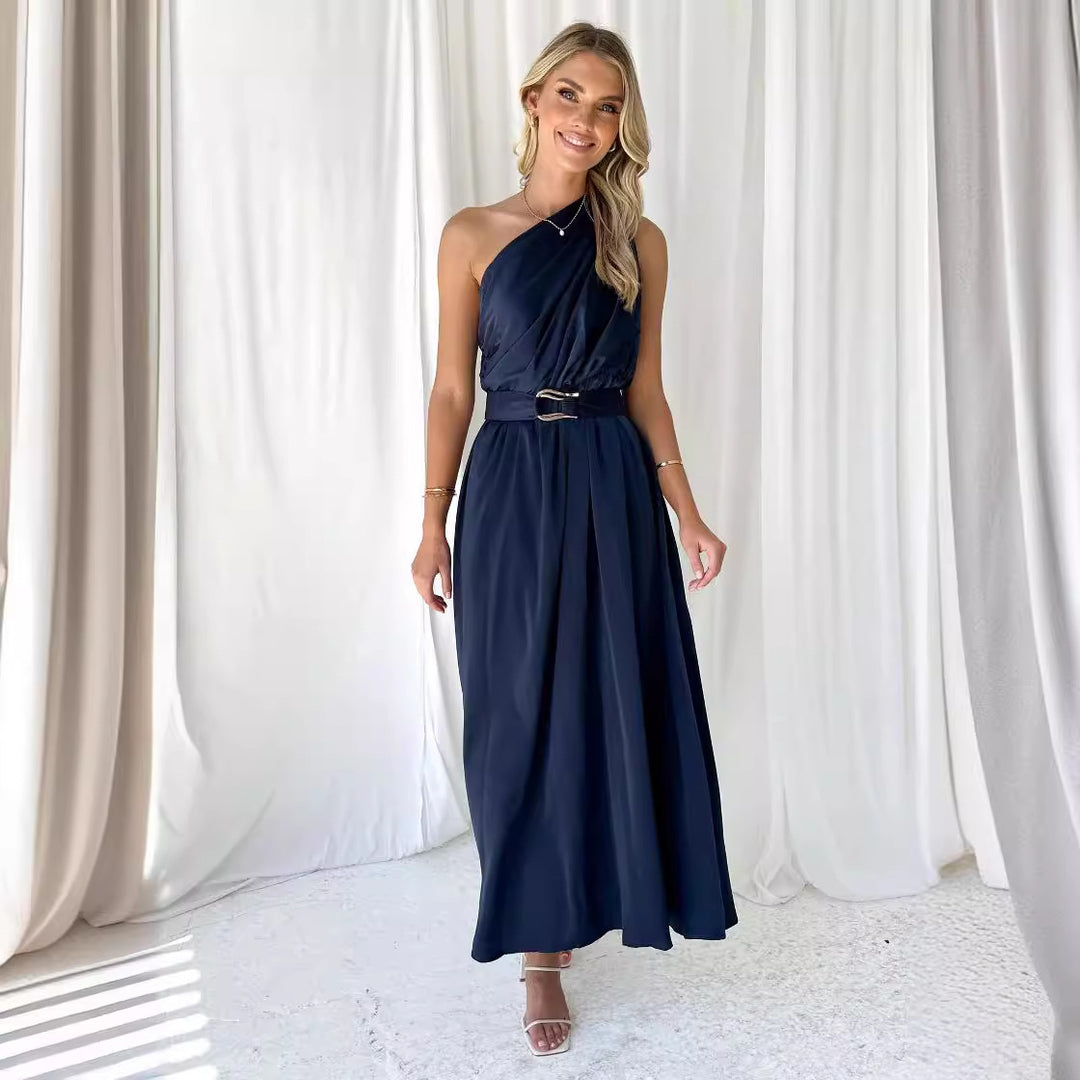 Damen Abendkleid mit asymmetrischem Trägerdesign und elegantem Taillengürtel Drune
