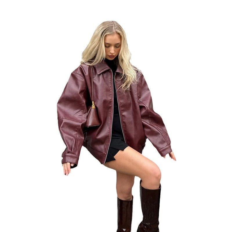 Damen modische Lederjacke im Oversized-Stil mit Reißverschluss Drune