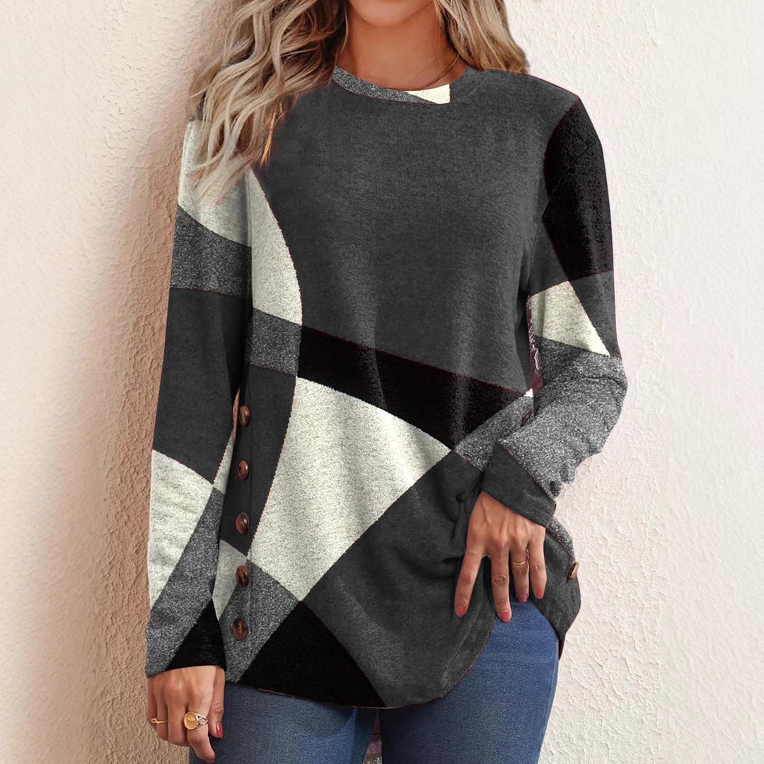 Damen Oversize Langarm Tunika mit geometrischem Farbschema