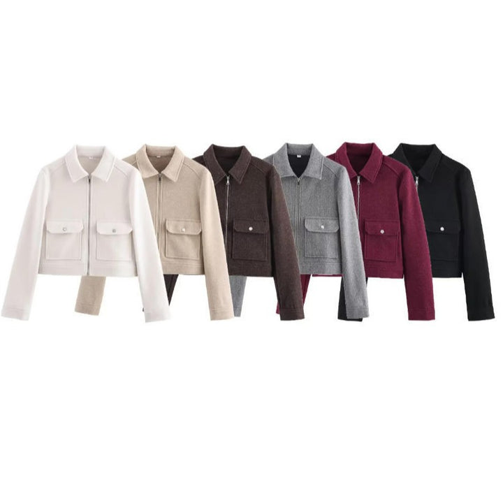 Damen 70+ kurze Wollmix‑Blousonjacke mit Reißverschluss, Hemdkragen und Pattentaschen Drune