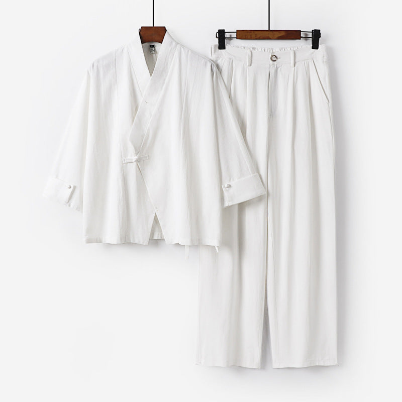 Herren Modernes Zen-Loungewear-Set aus Leichtem Material mit Kurz-Kimono und tailliert-zulaufender Bundhose Drune