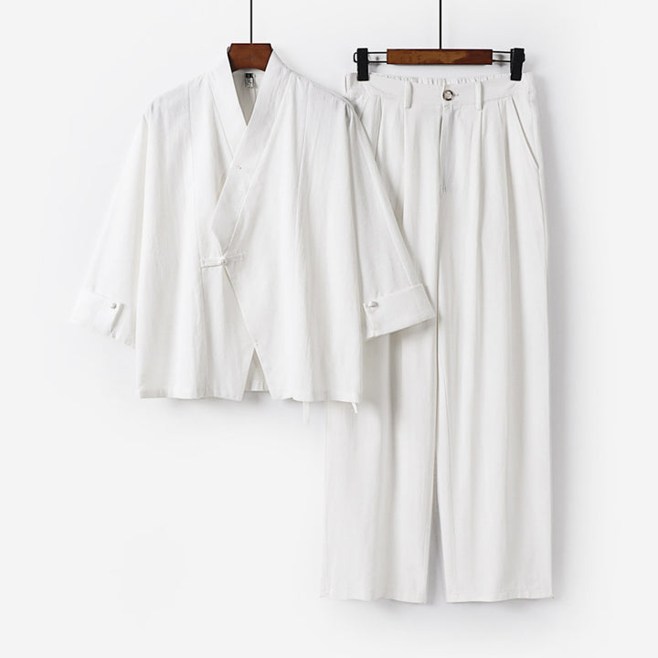 Herren Modernes Zen-Loungewear-Set aus Leichtem Material mit Kurz-Kimono und tailliert-zulaufender Bundhose Drune
