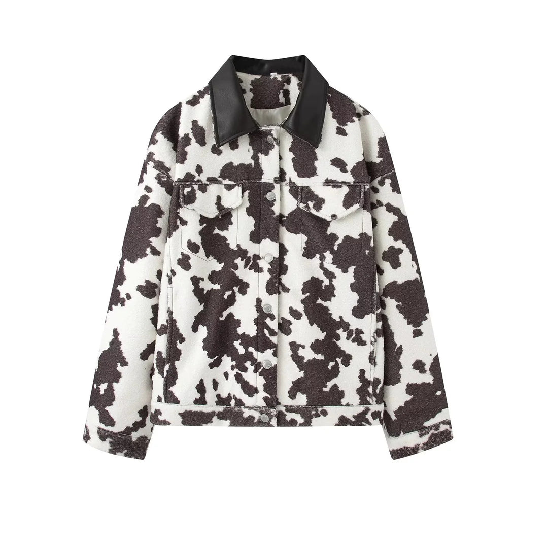 Damen nan oversized Teddyjacke mit Kuhflecken-Print und Lederimitat-Kragen Drune