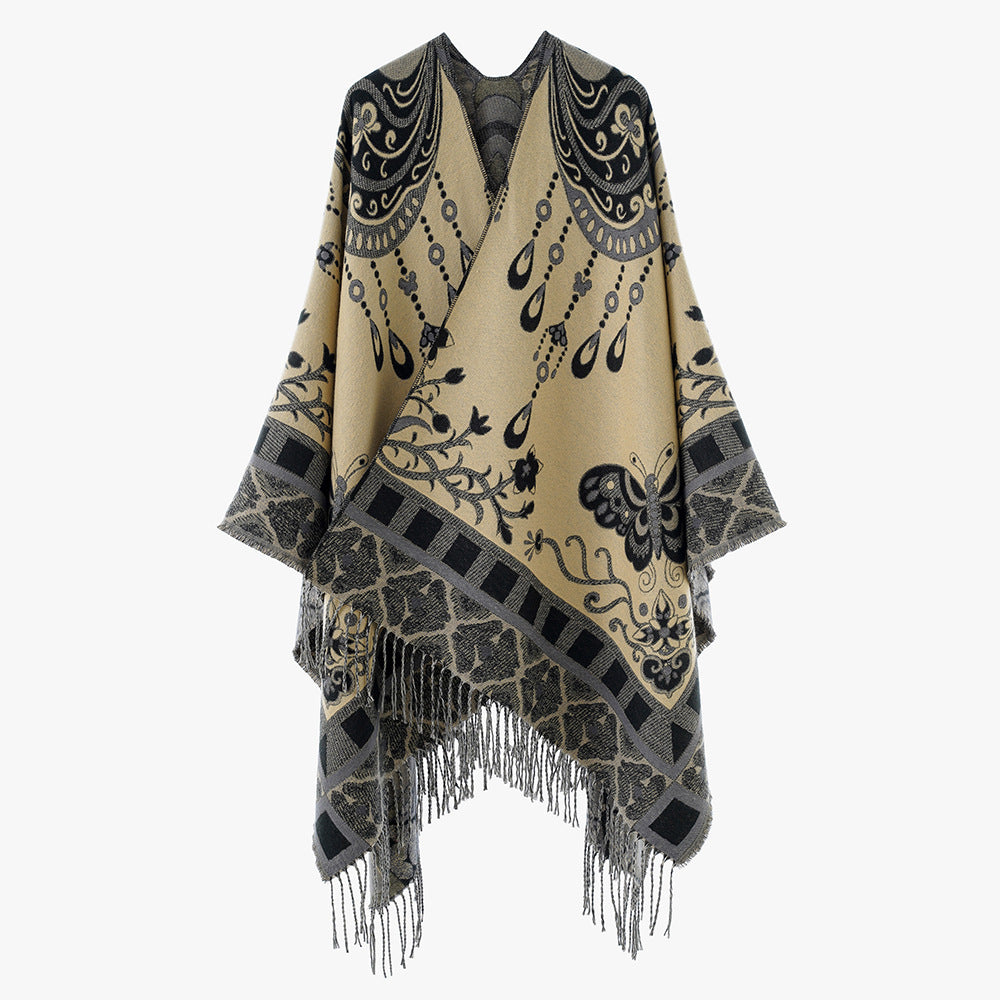 Damen Jacquard-Statement-Poncho mit Paisley- und Schmetterlingsmotiv sowie Fransen Drune