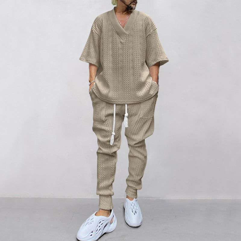 Herren nan lässiges Strickset mit V-Ausschnitt und Kordelzug-Joggerhose Drune