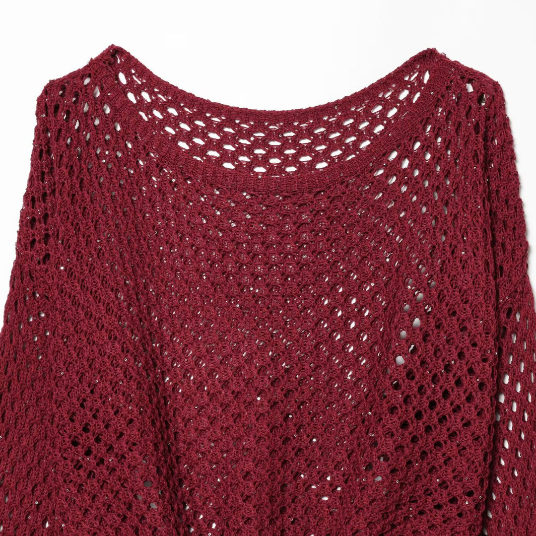 Damen Gehäkelter Lochstrick-Cropped-Pullover mit Ballonärmeln Drune