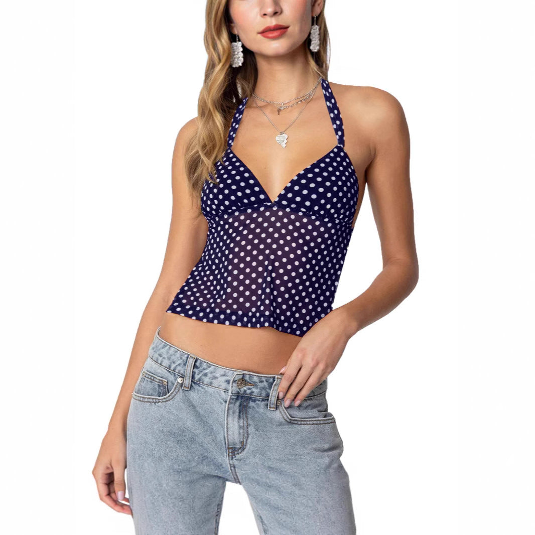 Damen luftiges Polka-Dots Oberteil mit tiefem V-Ausschnitt und Trägern Drune