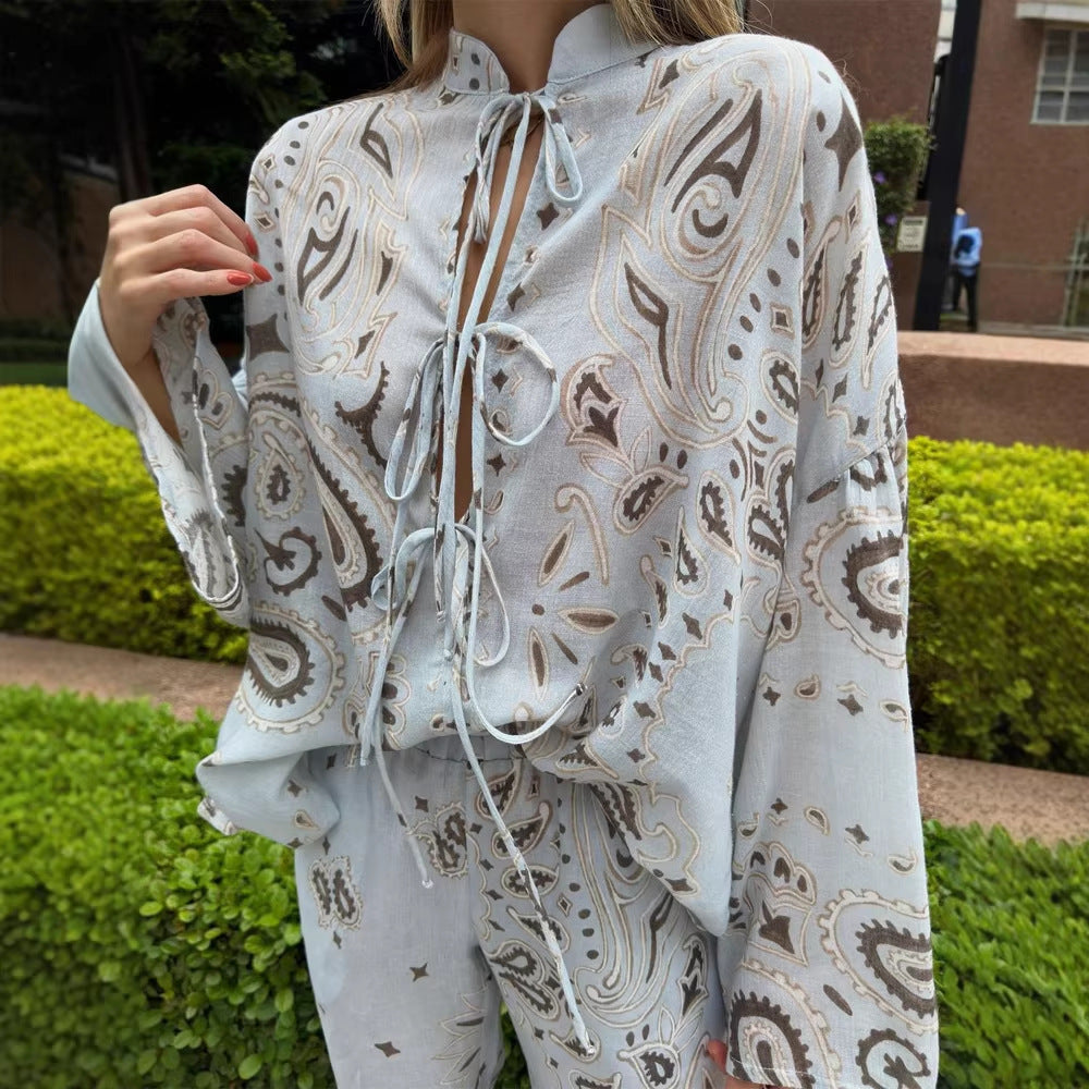 Damen weite Palazzo-Hose mit Paisley‑Print, elastischem Bund & Eingrifftaschen Drune
