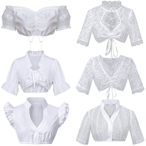 Damen nan Spitzenbolero Bluse mit Stehkragen, 3/4 Ärmeln und Bindeband Drune