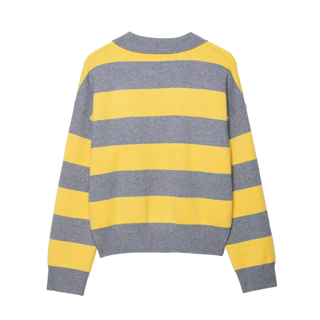 Damen lässiger Strickpullover mit Polo-Kragen und gestreiftem Design Drune
