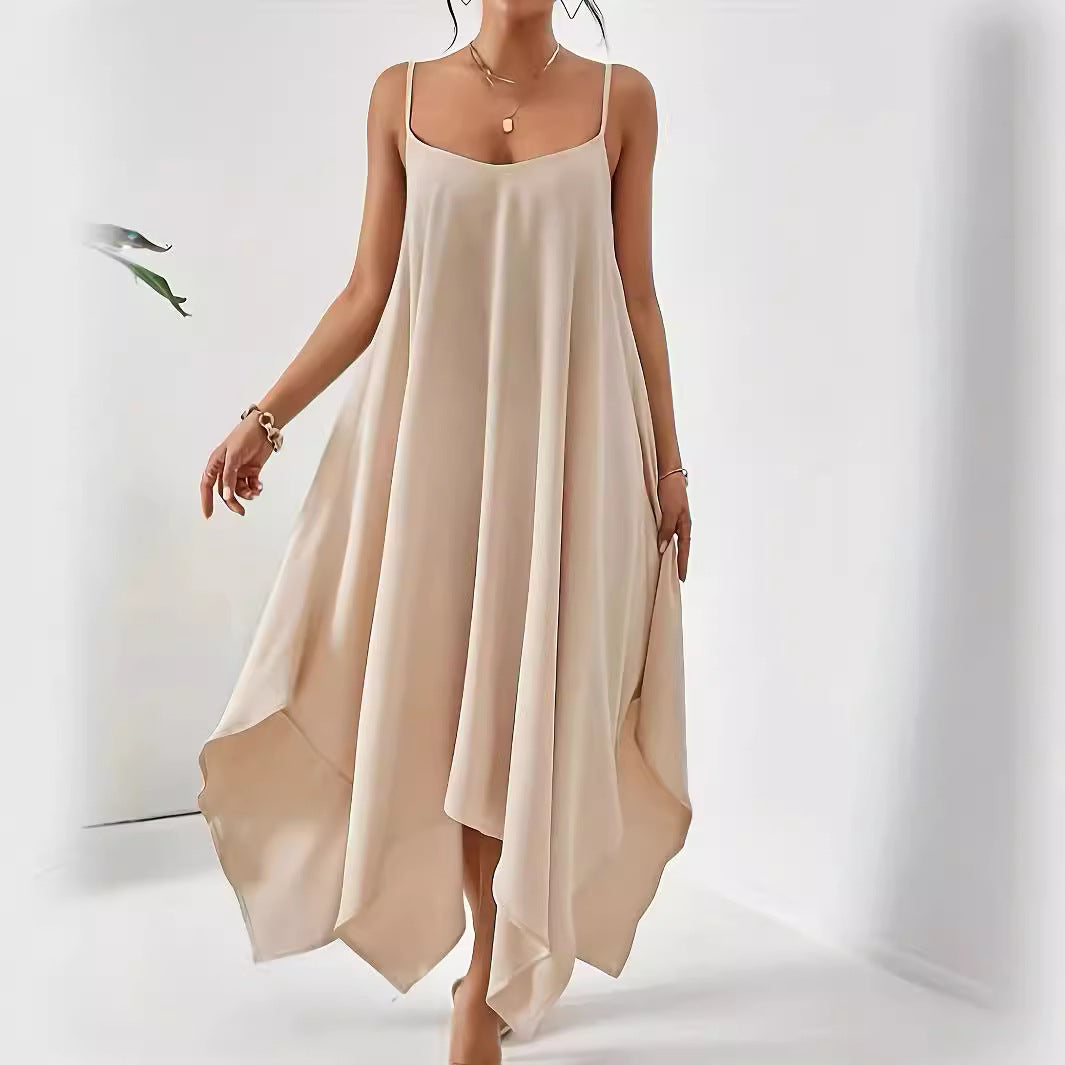 Damen luftiges Maxikleid mit asymmetrischem Saum und feinen Spaghettiträgern Drune