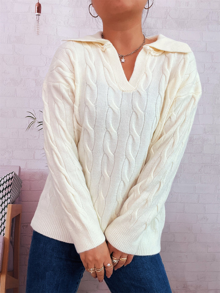 Damen Grobstrickpullover mit farbenfrohem Zopfdesign und klassischem Kragen Drune