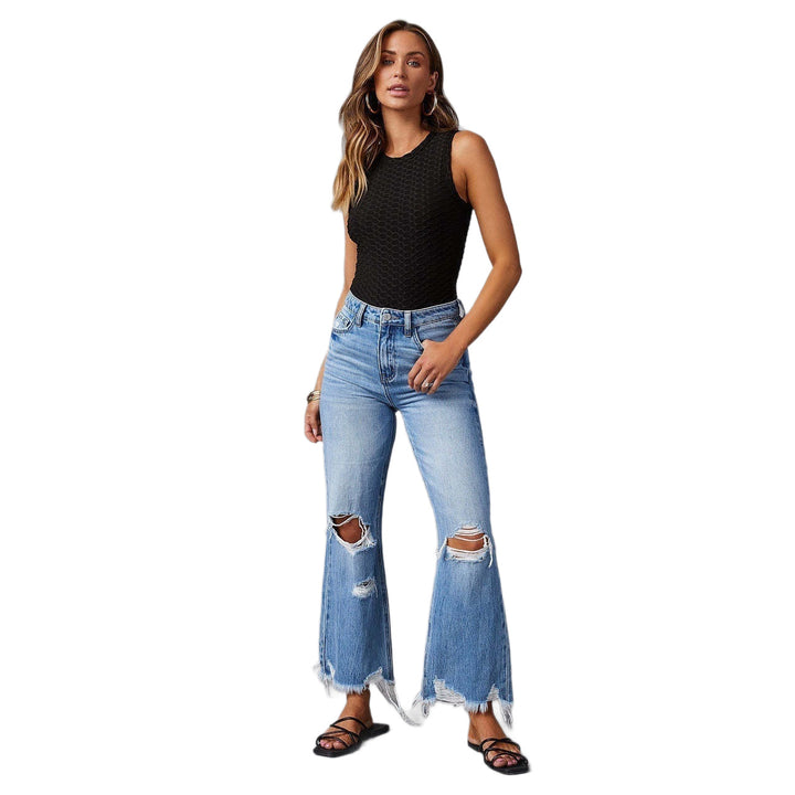 Damen Flared Jeans mit stylischen Rissdetails und ausgefransten Säumen Drune