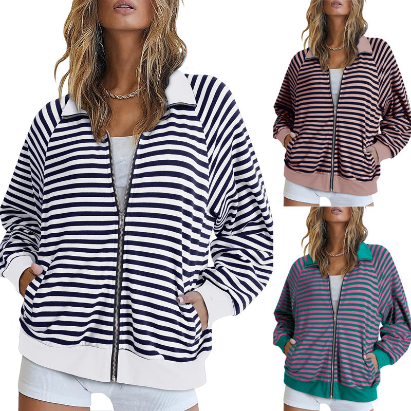 Damen Gestreifte Zip‑Jacke mit Reißverschluss, Raglanärmeln und Rippbündchen Drune