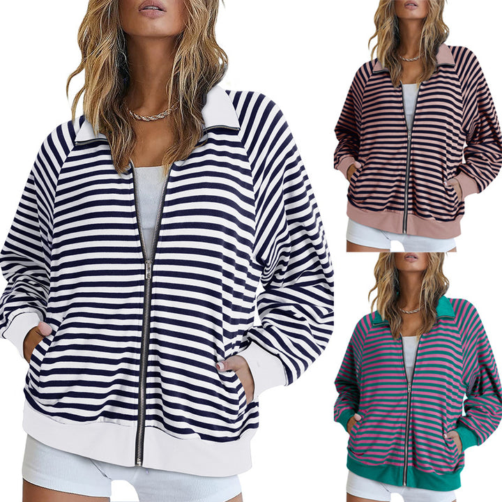 Damen Gestreifte Zip‑Jacke mit Reißverschluss, Raglanärmeln und Rippbündchen Drune