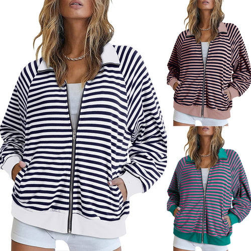 Damen Gestreifte Zip‑Jacke mit Reißverschluss, Raglanärmeln und Rippbündchen Drune