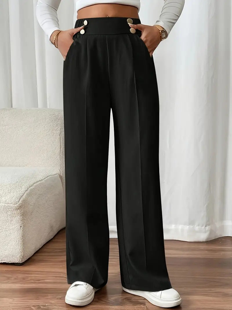 Damen Hochtaillierte Weite Palazzo‑Hose mit Bundknöpfen, Bügelfalte und Eingrifftaschen Drune