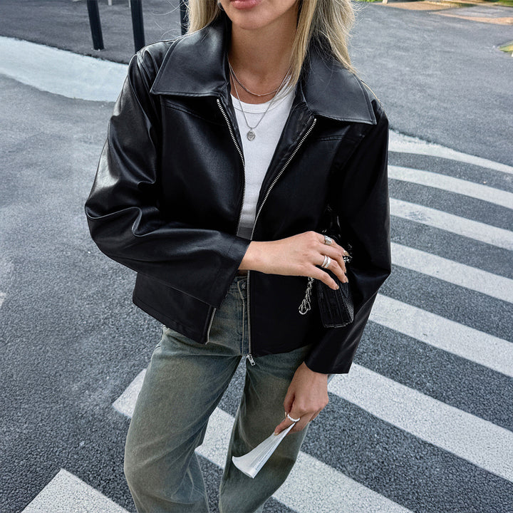 Damen nan elegante Kunstlederjacke mit Reißverschluss, Hemdkragen und Eingrifftaschen Drune
