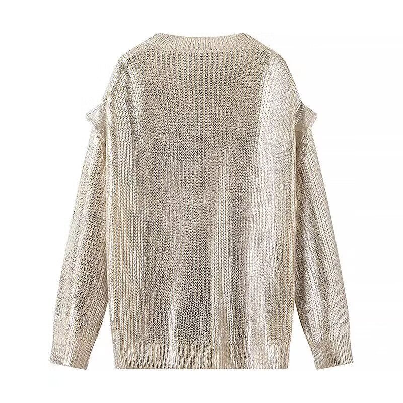 Damen Oversized Strickpullover mit Cut-Out-Schultern und Metallic-Glanz Drune