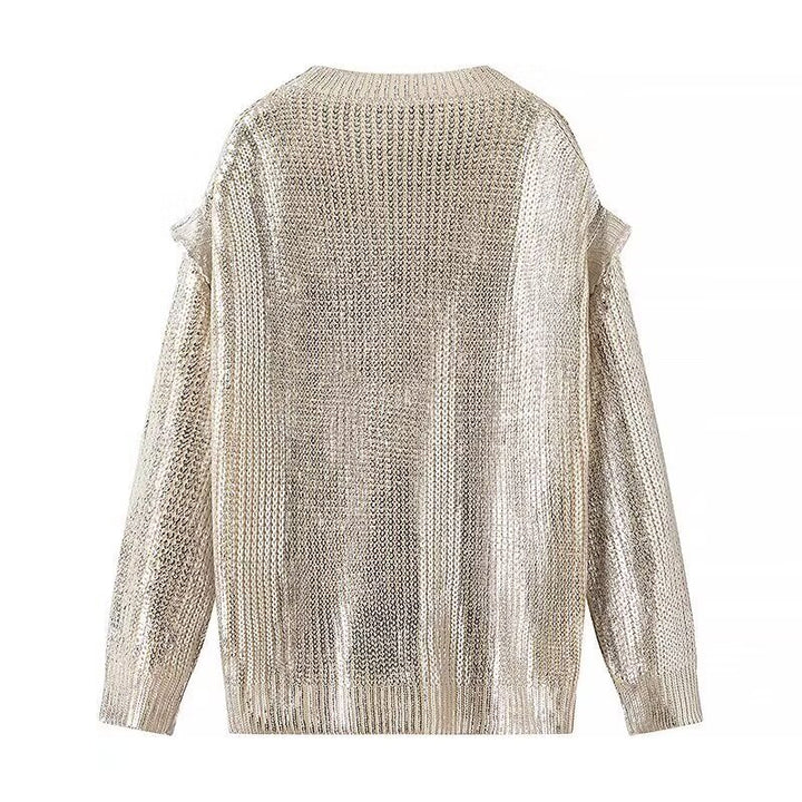 Damen Oversized Strickpullover mit Cut-Out-Schultern und Metallic-Glanz Drune