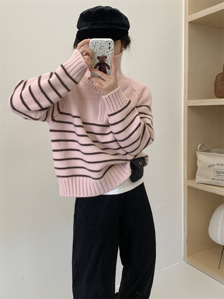 Damen Lässiger Pullover mit gestreiftem Design und halbem Reißverschluss Drune