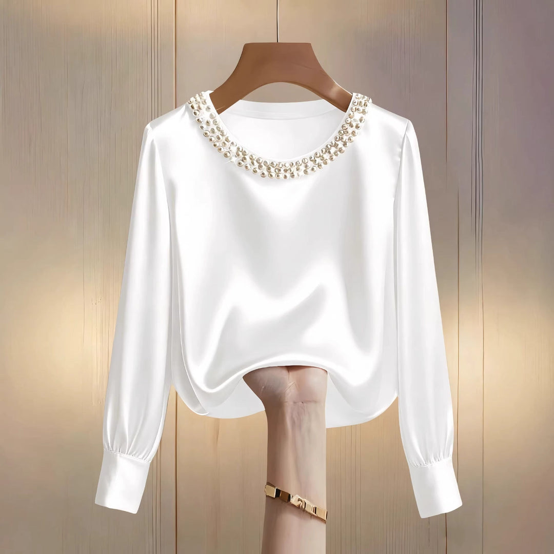 Damen elegante satinierte Bluse mit Perlenkragen Drune