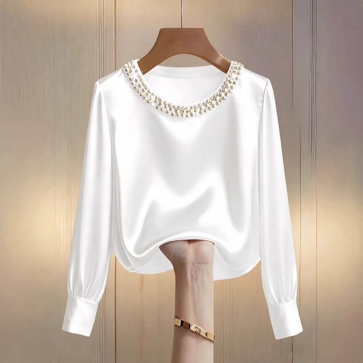 Damen elegante satinierte Bluse mit Perlenkragen Drune