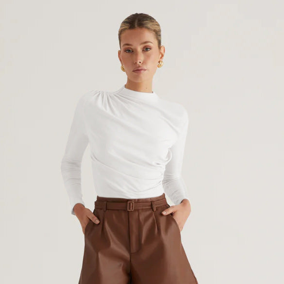 Damen Langarmshirt mit elegantem Wickeldesign und hochgeschlossenem Kragen Drune