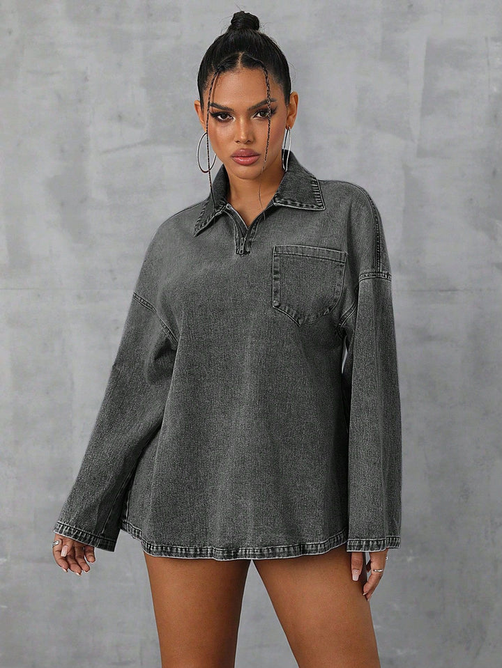 Damen oversized Denim-Bluse mit praktischem Reißverschluss und lässigem Kragen Drune
