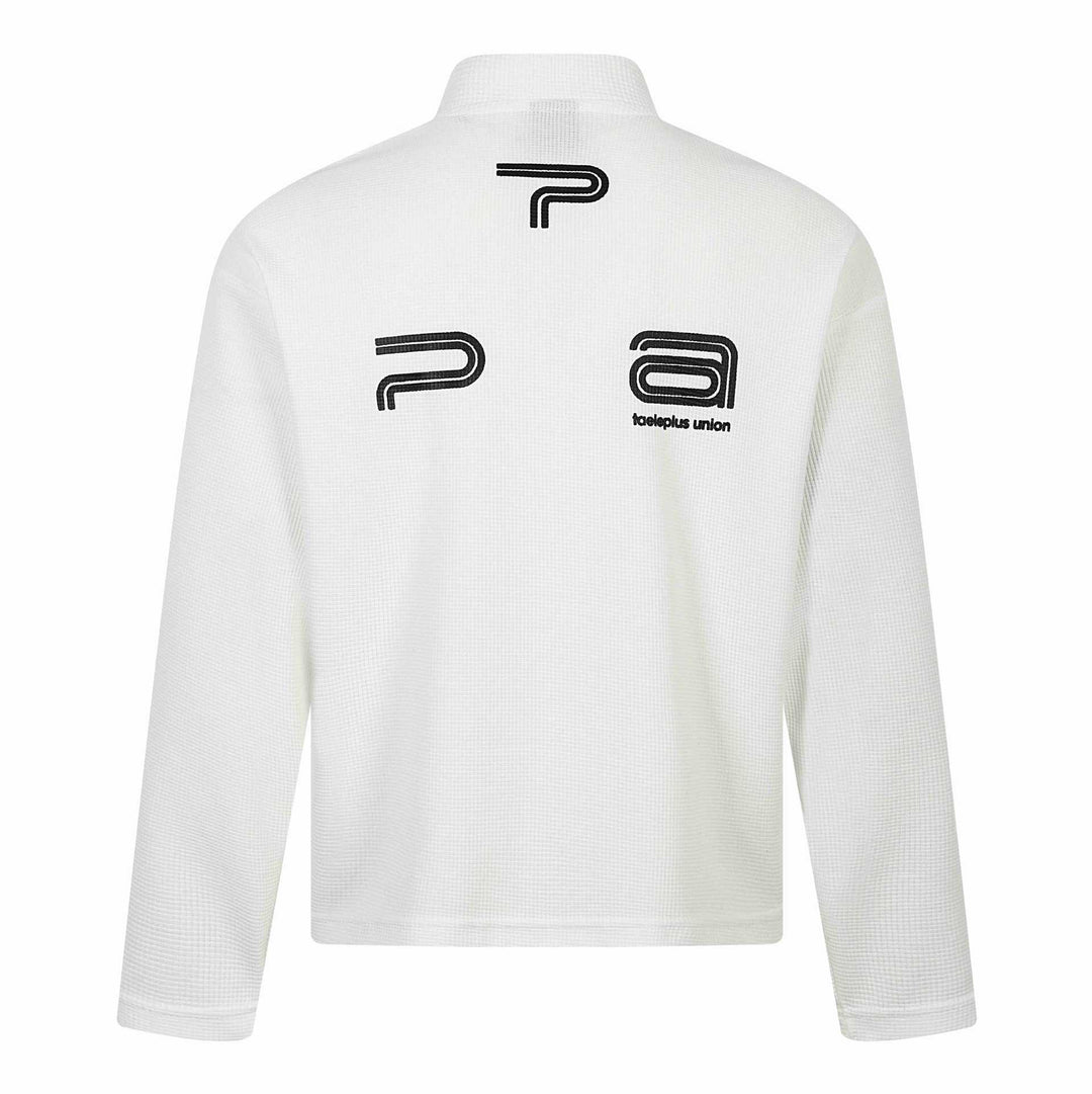 Unisex Thermo‑Waffel-Halbzip mit Stehkragen und Allover-Logoprint Drune