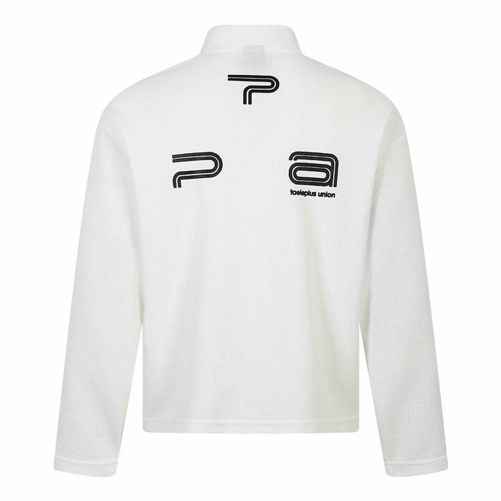 Unisex Thermo‑Waffel-Halbzip mit Stehkragen und Allover-Logoprint Drune